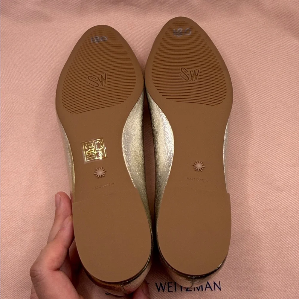 Stuart Weitzman Women's Gabby Flats, Platino, Gold, Metallic, US 7.5, NWOT